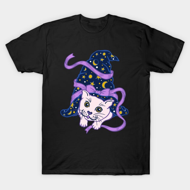 Cute Magic Cat in Sorcerer Hat Magical Witch Hat T-Shirt by DoubleBrush